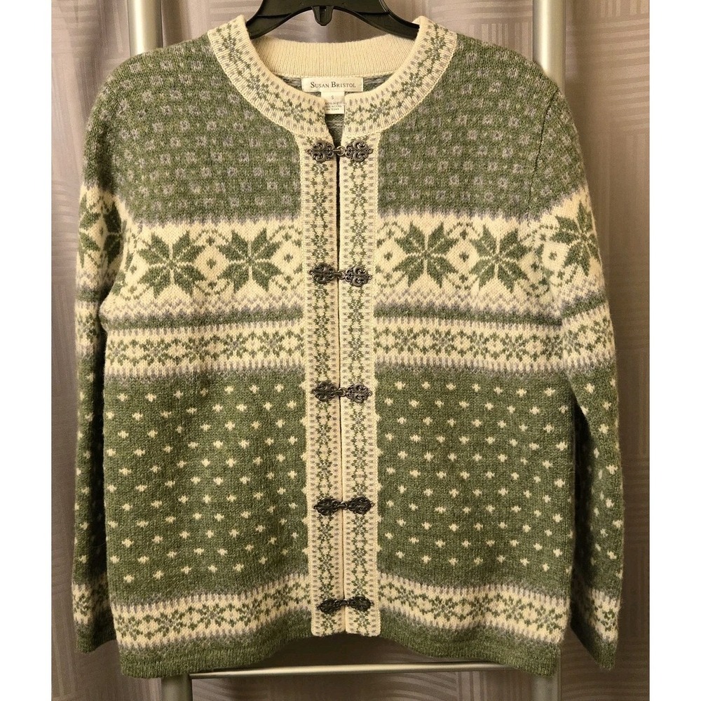 VTG Susan Bristol Cardigan Sweater 100% Wool Hook Closures Fair Isle Women's S